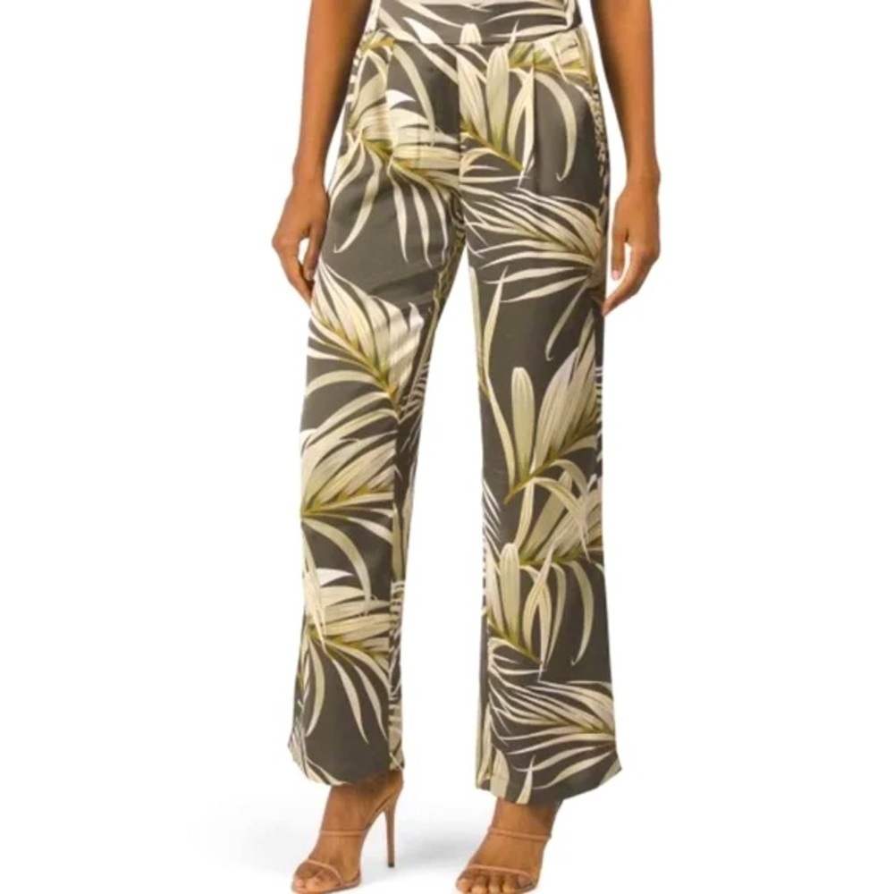 Rachel Zoe Palm Print Wide Leg Pants Tropical Green Elastic Waist M Vacation - Picture 3 of 8